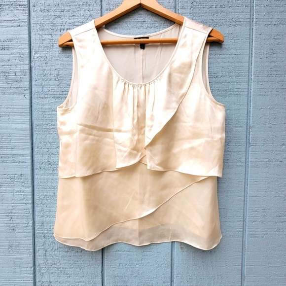 Talbots Pure Silk Satin Tiered Scoop Neck Layered Tank Blouse sz 12P Champagne - Picture 1 of 8